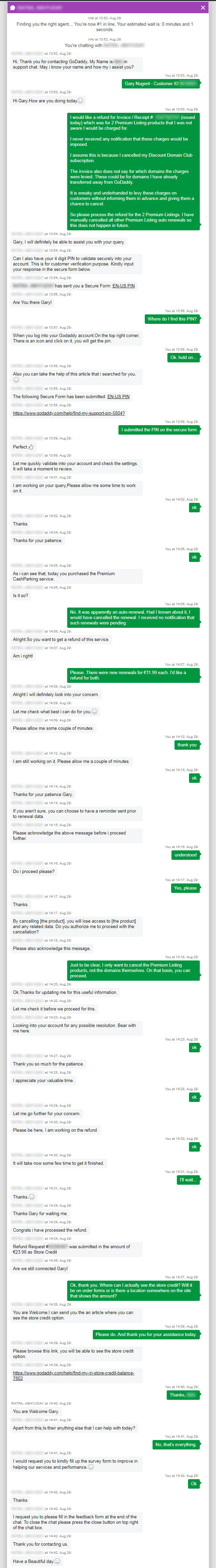GoDaddy Refund Request Chat